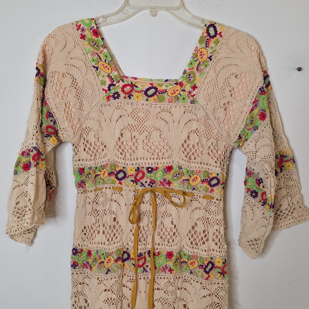 Vintage Floral Lace Maxi Dress - 60s 70s BOHO HIPPIE COTTAGE CORE xsmall OOAK - Picture 2 of 11